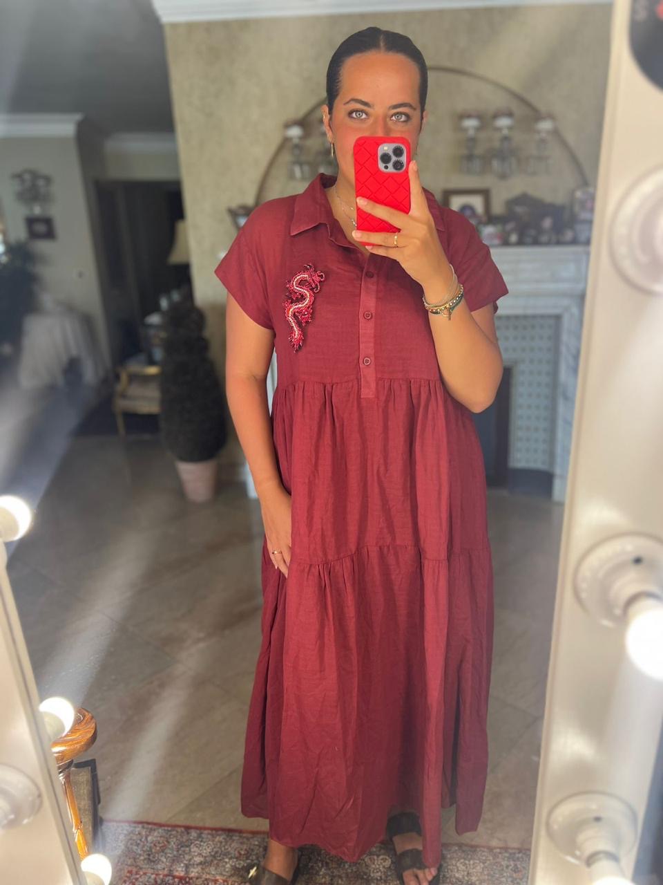 Half sleeves dress in dark red