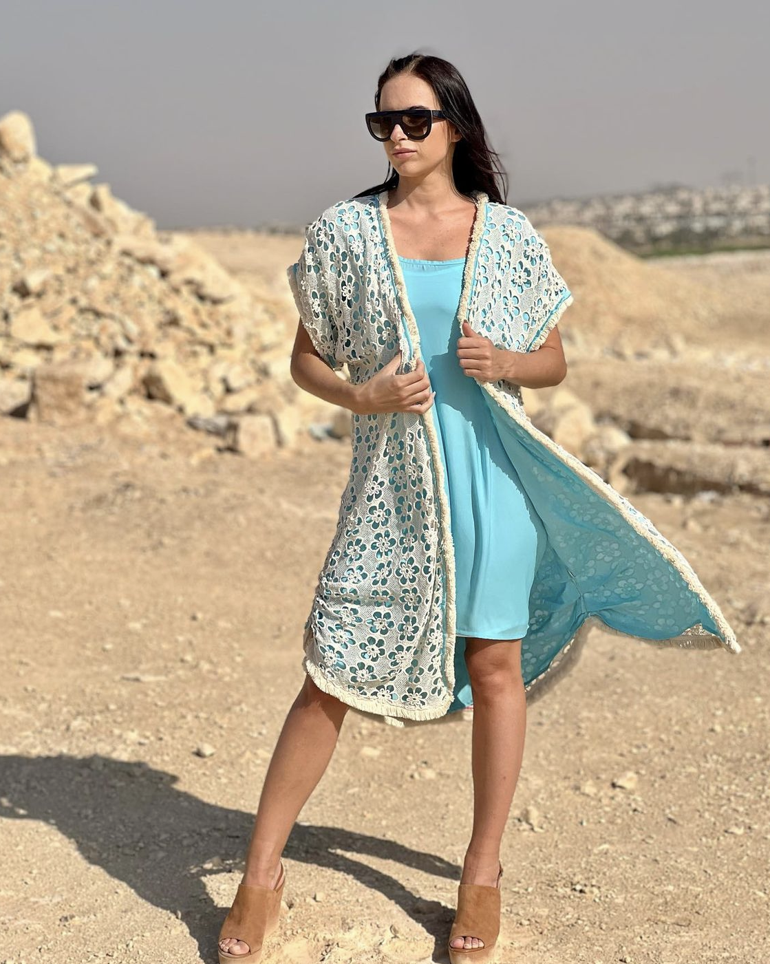 Double layer Guipure Kimono Turquoise base