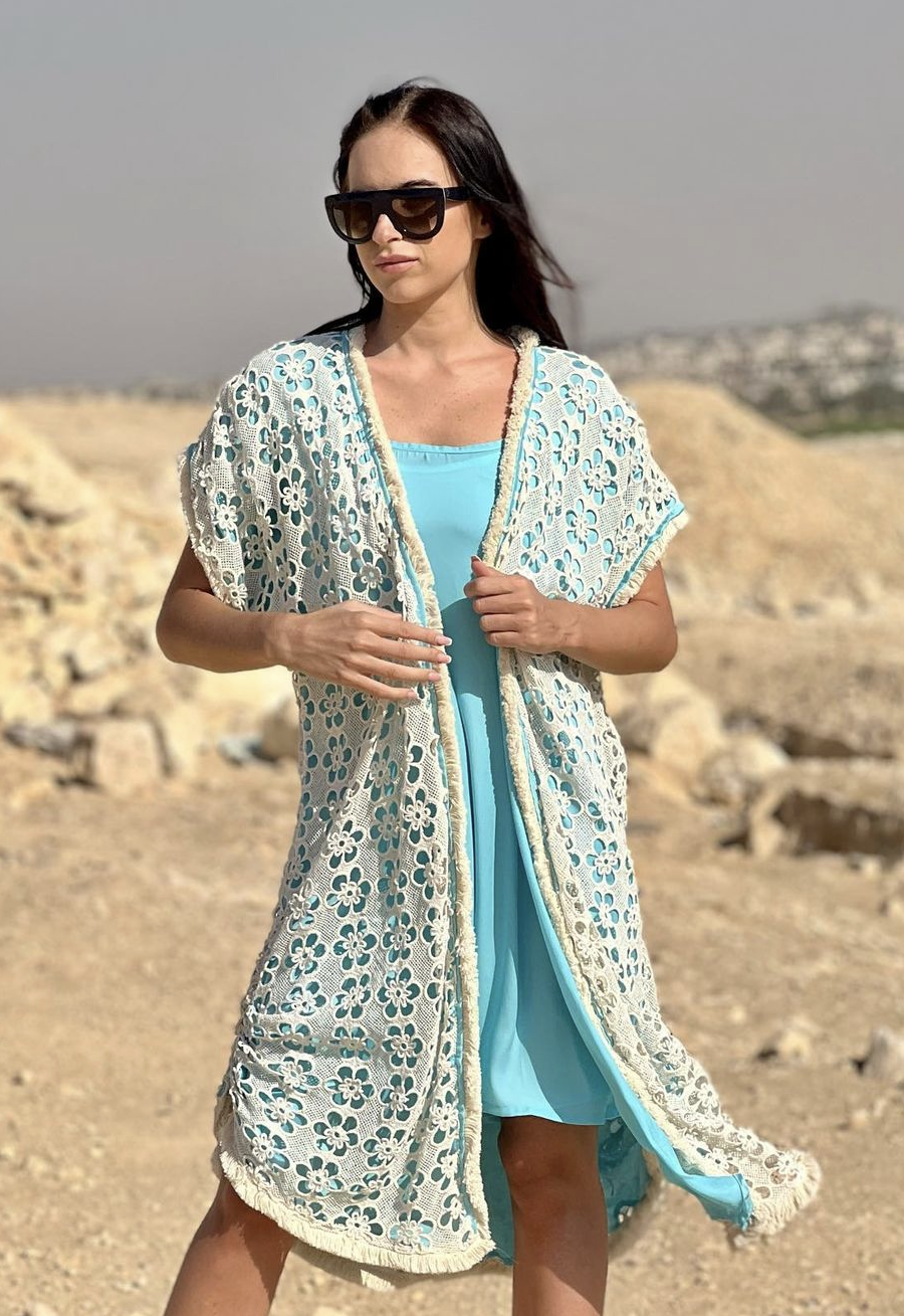 Double layer Guipure Kimono Turquoise base